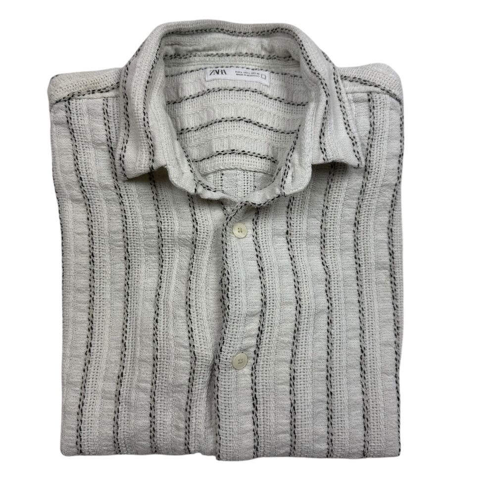 Zara Men's Cream and Black Striped Button Down Shirt